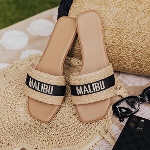 NEW BAMBOO Tan and Black Malibu Woven Braided Slide Sandals